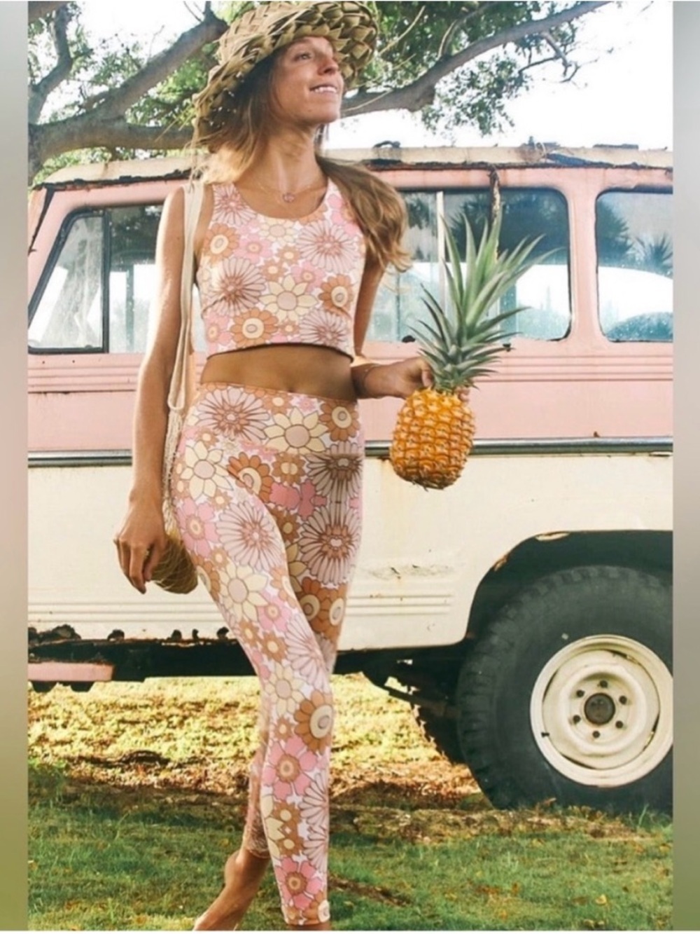 Floral High-Waist Leggings and Crop Tank Set - Pink Multi